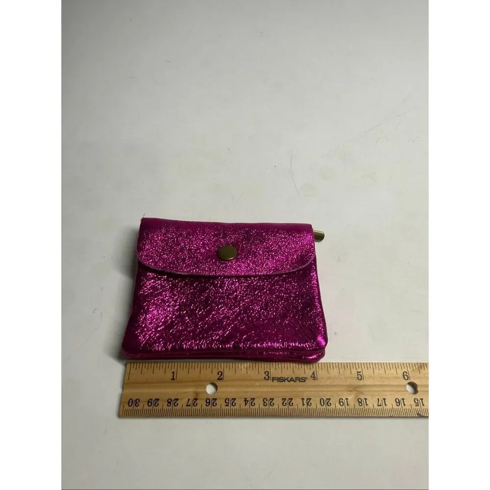 Genuine Leather Metallic Pink Wallet Zip Coin Pouch Compact Card Holder